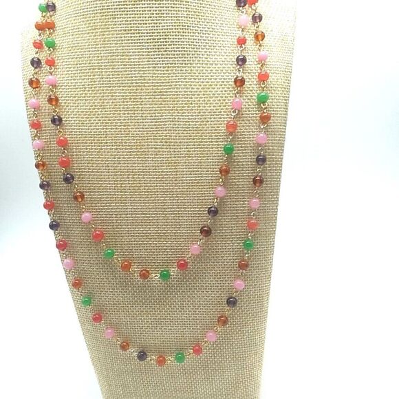 Long Multi-color Small Glass Beaded Necklace 46 inches Spring Ring - Picture 11 of 14